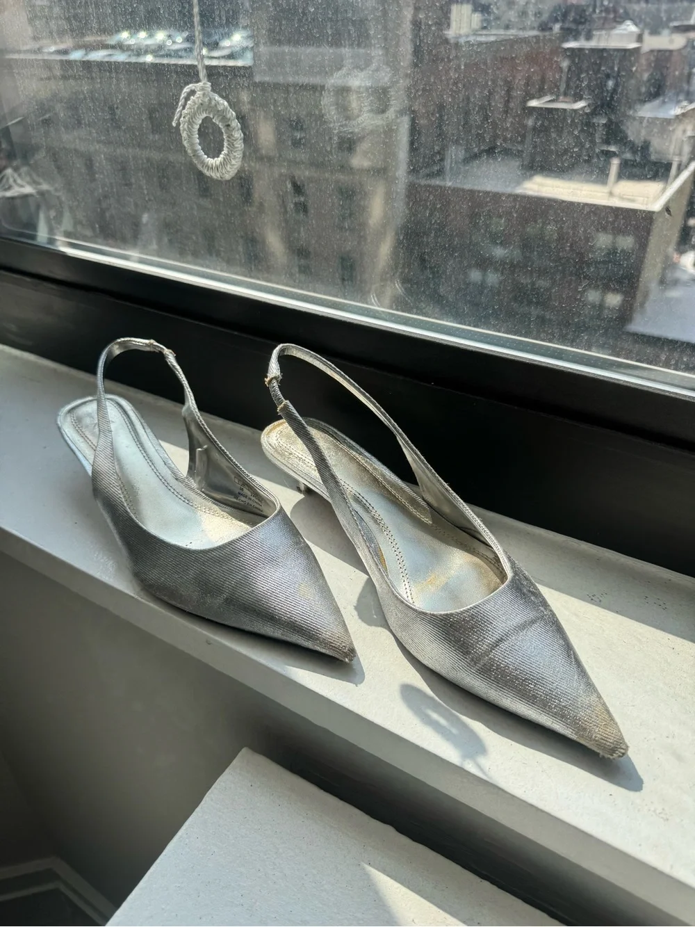 Zara Silver Pointed-Toe slingback kitten heels